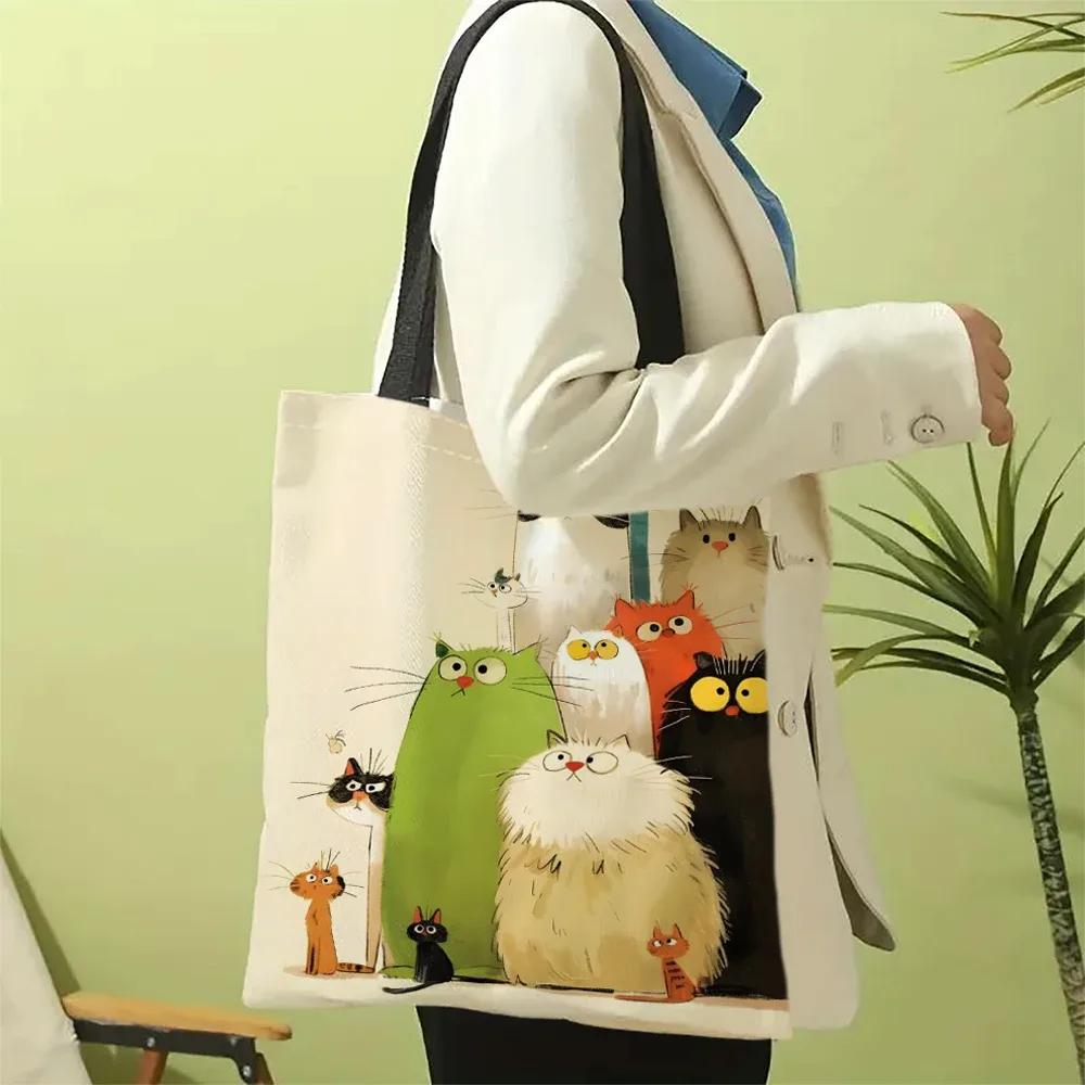 1pc fantaisiste dessin animé chats sac fourre-tout dessin animé poisson sacs à provisions pour dames cadeau Eco pliable réutilisable sac à provisions sacs d'extérieur