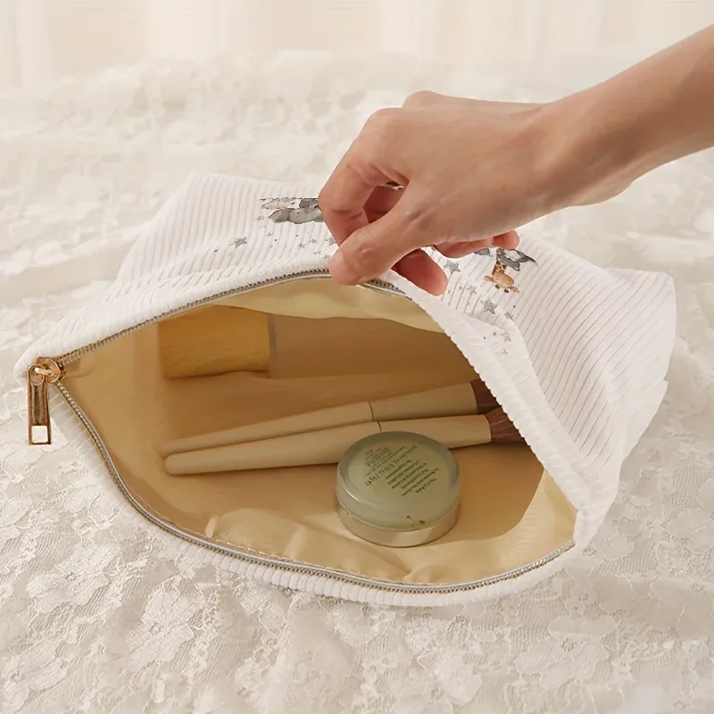trousse de maquillage multifonctionnelle en velours côtelé imprimé motif petits animaux avec fermeture éclair et doublure, sac de rangement pour cosmétiques et articles de toilette