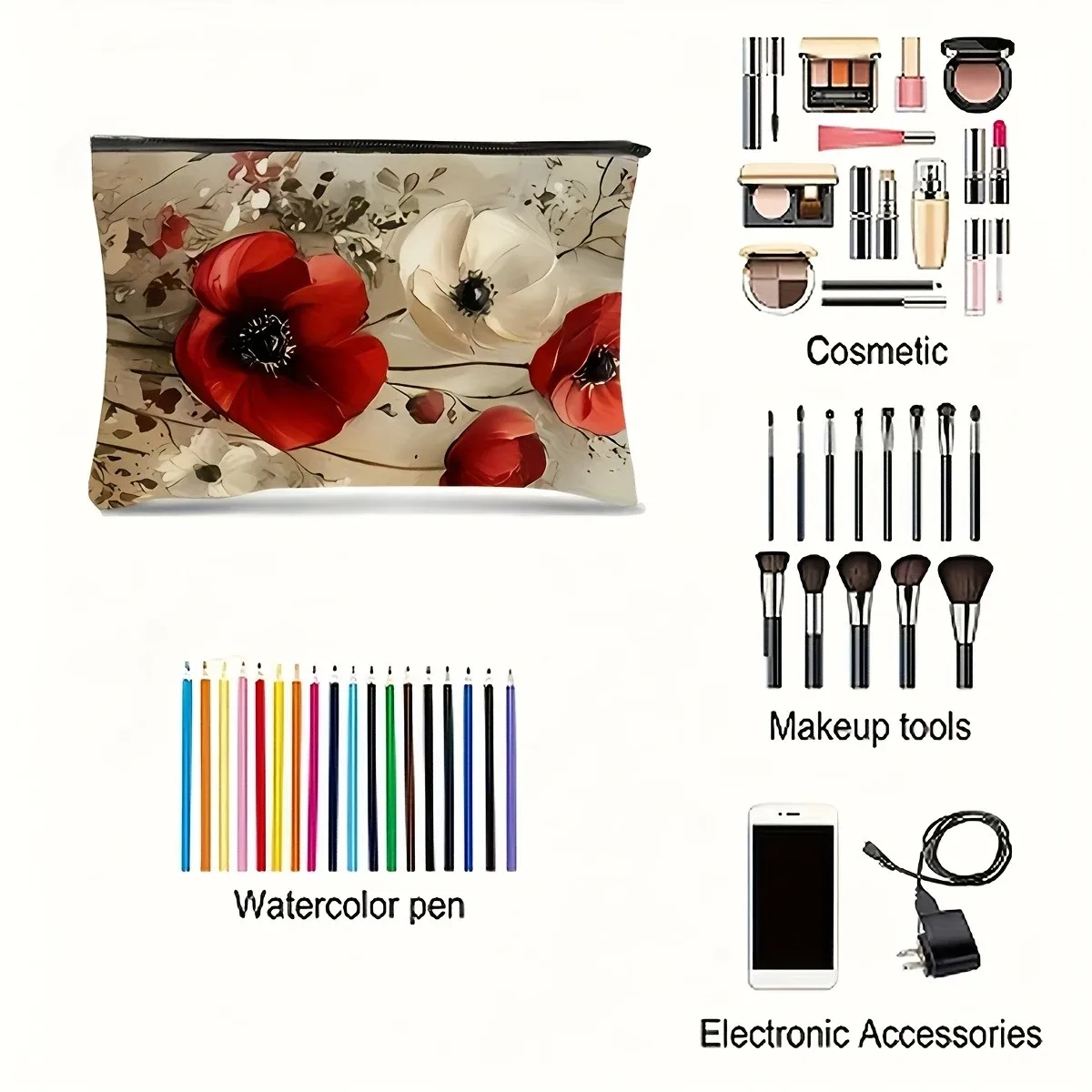 trousse à cosmétiques florale élégante – organisateur de maquillage en tissu durable avec coquelicots rouges et blancs, rangement léger et compact pour voyage et maison