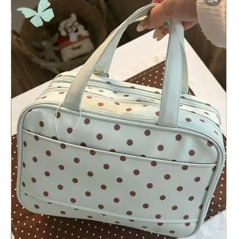 sac de maquillage portable à pois, multifonctionnel, à trois compartiments, sac cosmétique en pu, grande capacité, sac de rangement de voyage imperméable