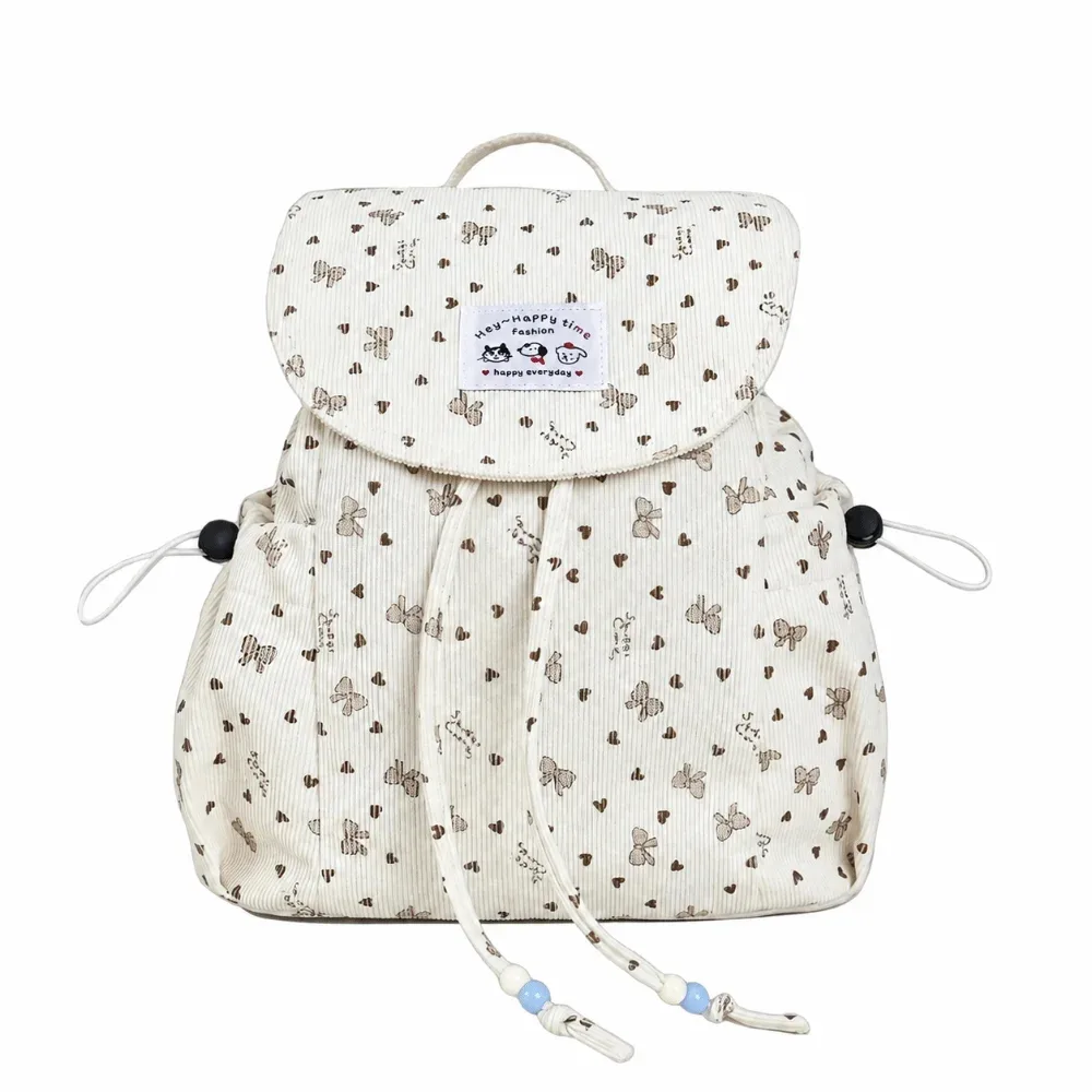 sac à dos élégant et léger en velours côtelé à imprimé nœud, grande capacité, avec cordon de serrage, polyvalent, design simple, pour femme
