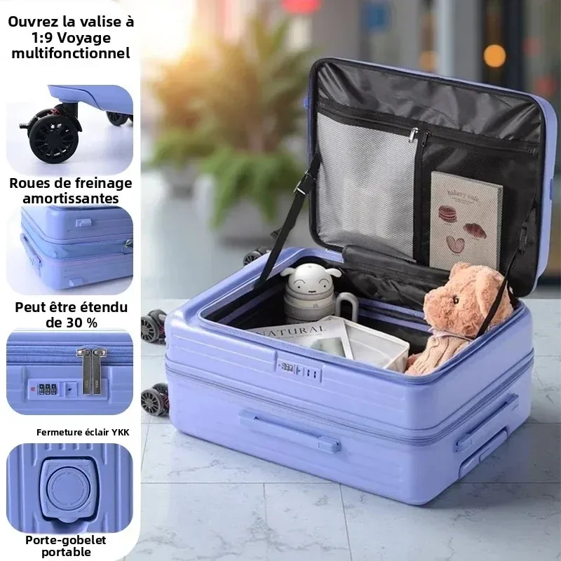 valise extensible multifonctionnelle à ouverture frontale avec porte-gobelet, bagage de grande capacité 360 °   roues amortissantes 20' 24' 28'