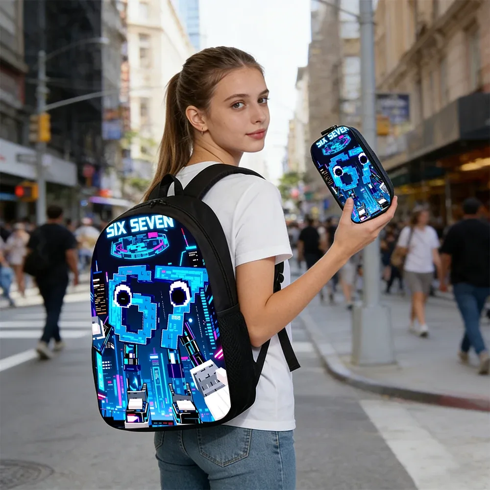Sac Dos Polyester Design Pixelisé Sourire Néon Urbain Bleu Noir Voyage École Capacité Inférieure Deuxize Ultragélight