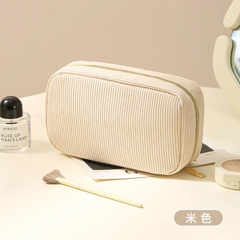 pochette de maquillage portable en velours côtelé pour femmes, pochette de rangement minimaliste pour cosmétiques de voyage, organiseur doux pour les articles de beauté quotidiens