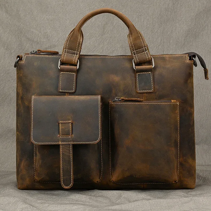 mode crazy horse mallette en cuir sac hommes sacs pour ordinateur portable hommes officetote sac en cuir de vache sac à main a4 portefeuille hommes sacs à main