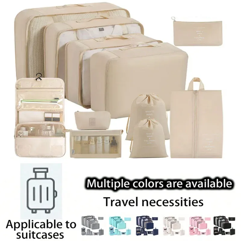 organisateur voyage polyester beige compartiments zippés poches intérieures cube sac compression chaussures pochettes housse vêtements