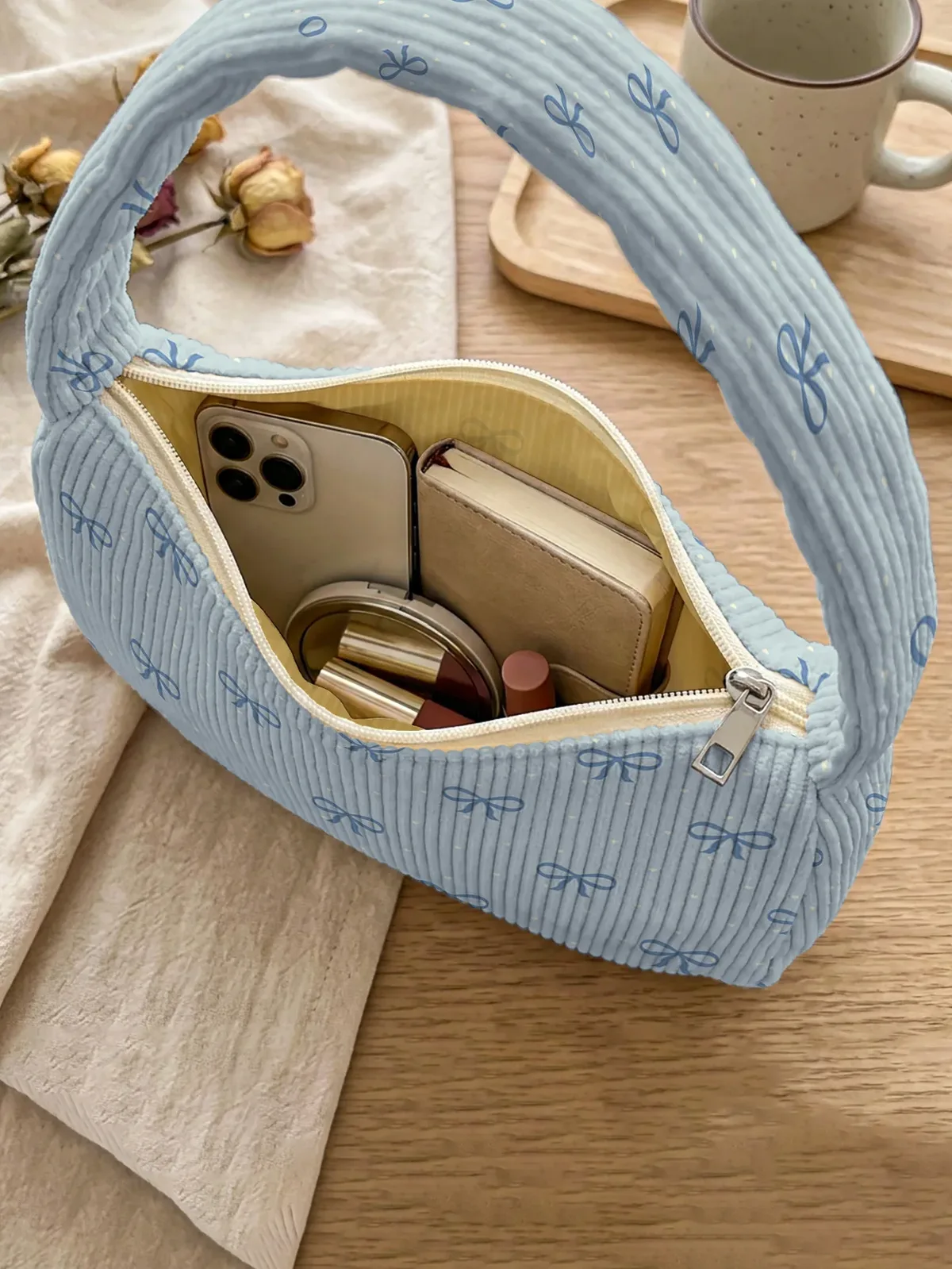sac à bandoulière tendance bleu clair à imprimé nœud, sac sous le bras en velours côtelé pour un usage quotidien décontracté