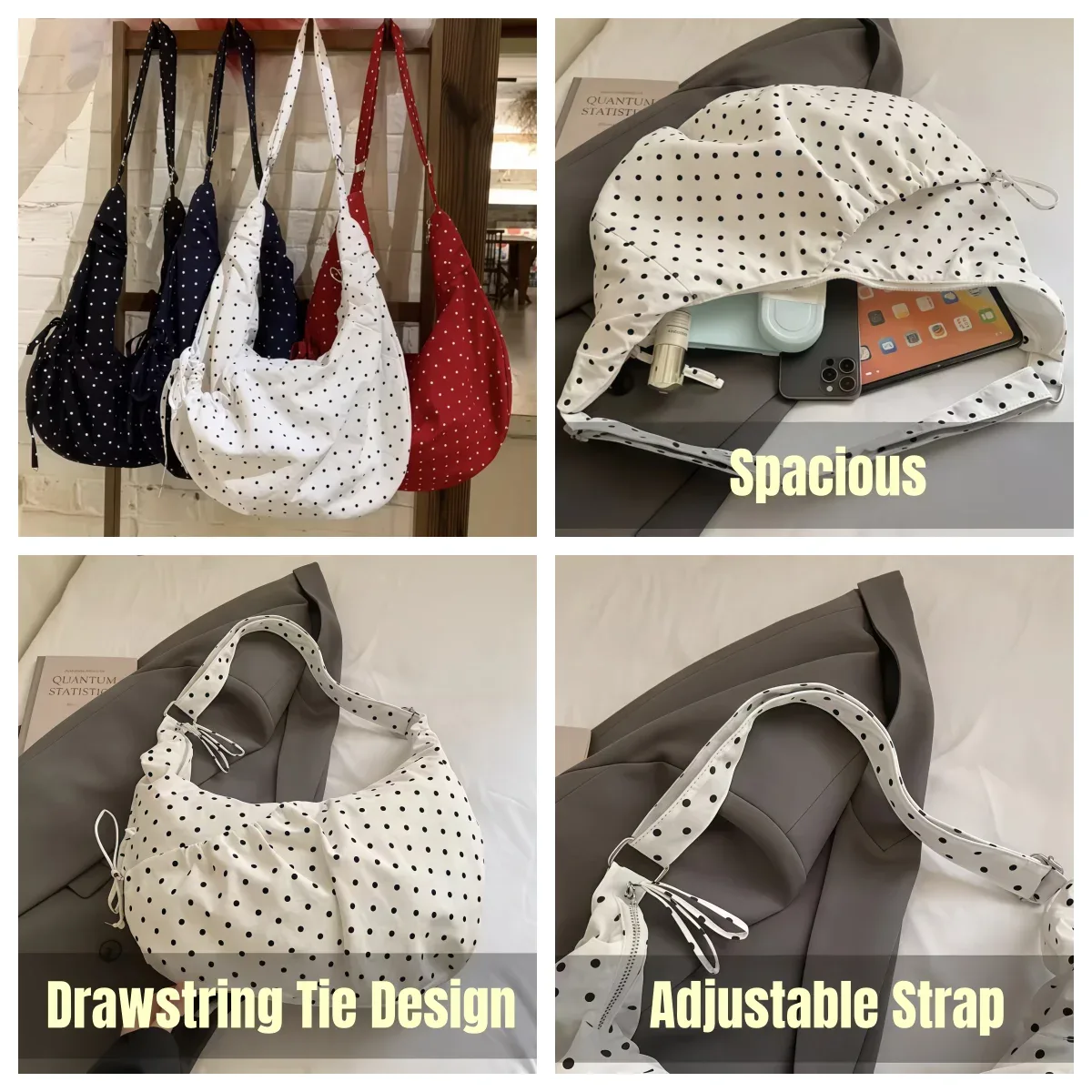 sac à bandoulière hobo de style coréen pour femmes, blanc, noir et rouge à pois, en nylon, avec sangle réglable, design à cordon de serrage, léger, grande capacité