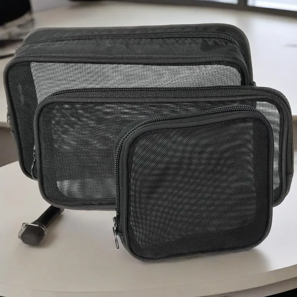 sac cosmétique en maille de nylon grande capacité, sac de rangement portable pour articles de toilette de voyage, organisateur de maquillage respirant et durable avec fermeture éclair