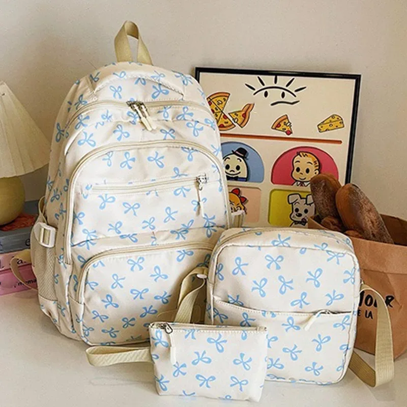 ensemble de 3 pièces de sac à dos mignon de grande capacité, mode coréenne, sac imprimé avec nœud, sacs en nylon, cartable d'étudiant, sac à dos de voyage à sangle réglable
