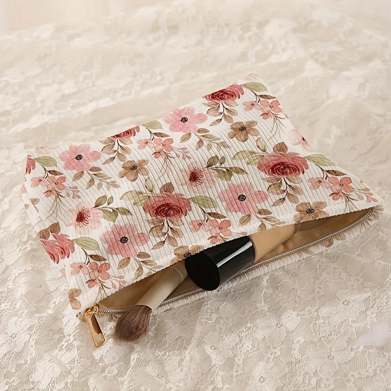 pochette de maquillage chic en velours côtelé à motif de roses - pochette cosmétique légère à fermeture éclair avec doublure pour articles de toilette et accessoires pour femmes