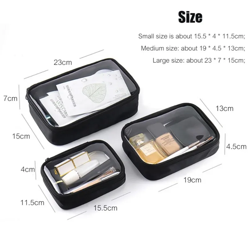 sac cosmétique étanche transparent tpu, petits articles de toilette de maquillage, fermeture éclair, ouverture, stockage, poudres, noir, sacs de lavage robustes