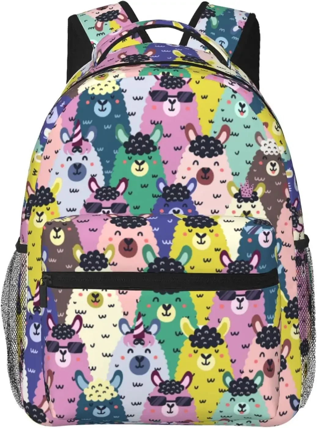 sac dos polyester noir motif lamas fruits vert pastel format rectangulaire sangle chaîne fermeture éclair poche intérieure zippée usage voyage école université