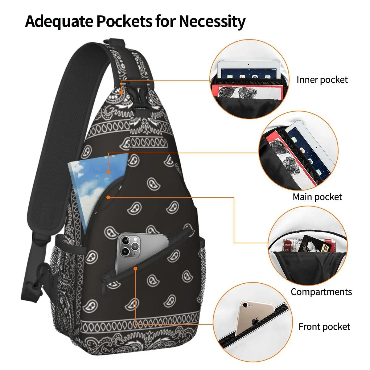 sac à bandoulière bandana paisley noir pour sac à dos à bandoulière sac de poitrine décontracté sac à dos pour randonnée marche vélo voyage cyclisme