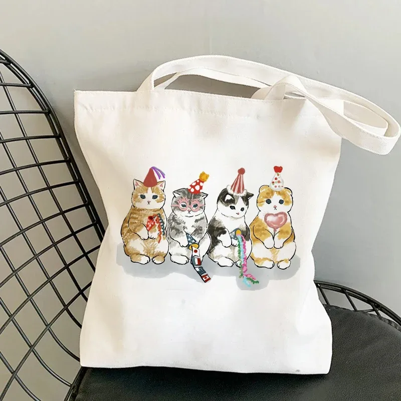 sac kawaii sac blanc sacs porté épaule sacs à provisions sacs à bandoulière en toile pour filles, sac de shopping à la mode, kawaii chats animaux mignons, sac de shopping, fourre-tout décontracté