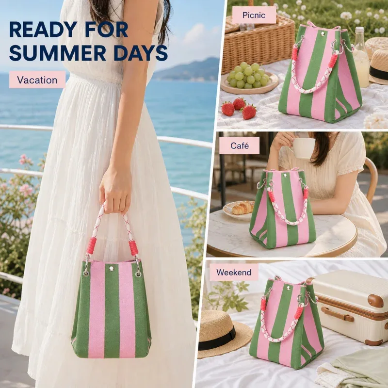 mini sac fourre-tout en tricot style coréen pour femme, sac à main en crochet rayé, sac à bandoulière léger pour l'été, pour les vacances