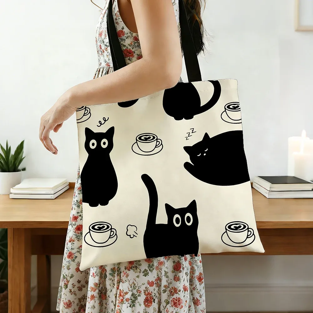 sac fourre-tout en toile motif chat noir et café – imprimé chaton mignon et ludique avec motifs latte et grains de café, sac à bandoulière bohème écologique