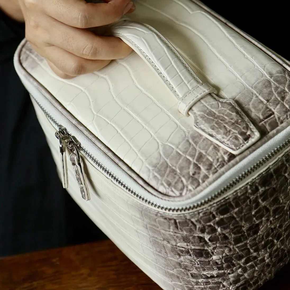 trousse de maquillage en cuir de vachette première couche motif crocodile, grande capacité, pour femme, trousse de toilette de voyage, organiseur classique, pochette cosmétique