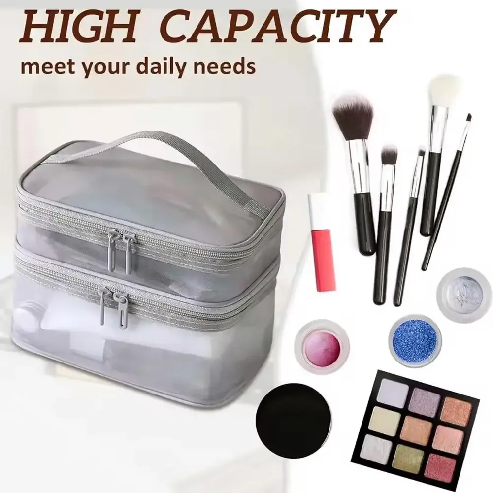 sac à cosmétiques en maille double couche, organiseur de maquillage de voyage, pochette à maquillage transparente à double ouverture, trousse de toilette portable imperméable pour femmes