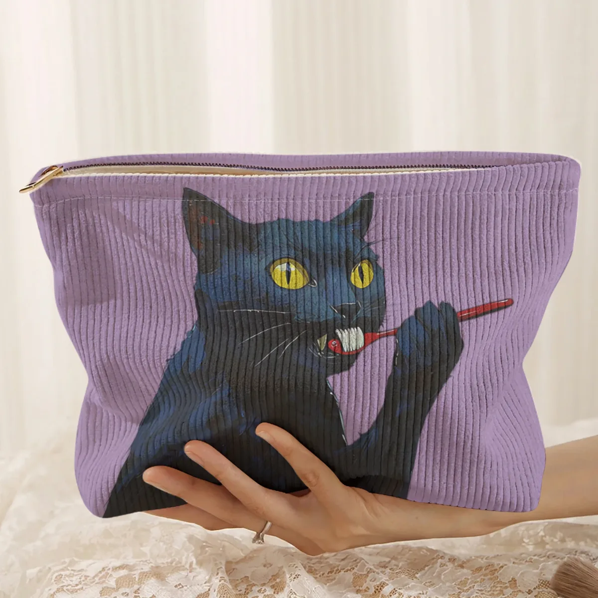 1 pièce, trousse de maquillage en velours côtelé à motif de chat noir, boîte de rangement légère à fermeture éclair, sac multifonctionnel avec doublure