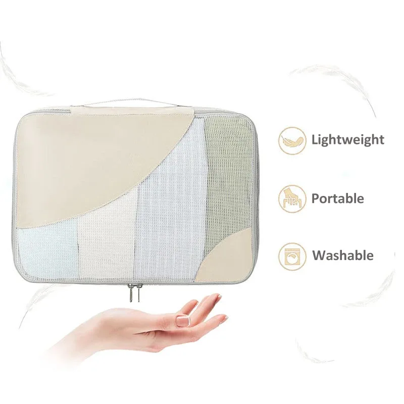 organisateur voyage polyester gris beige motif géométrique cube sac compression chaussures pochette housse vêtements tailles différentes transport pratique