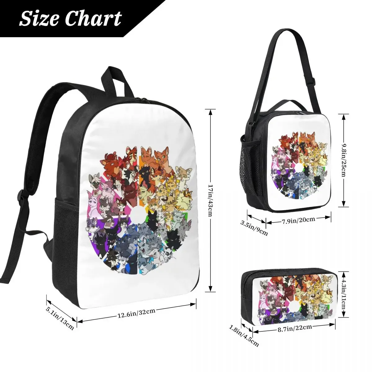 guerrier chats couleur roue sac à dos étudiant garçons filles bookbag sac d'école ordinateur portable sacs à bandoulière 3ps sac à déjeuner isolé trousse à crayons