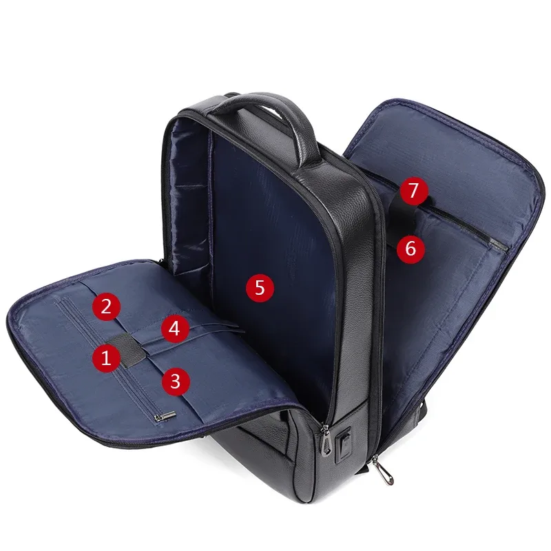 sac dos cuir vache noir polyester cadre externe broderie poignée souple usb charge voyage étudiant