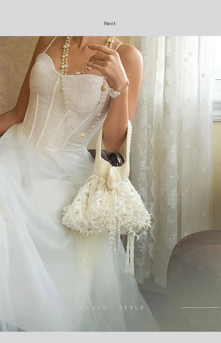 vintage perle perlée longue gland à la main femmes sac à main sac de soirée de mariage pochette sac à main perles perles tissé sac à bandoulière
