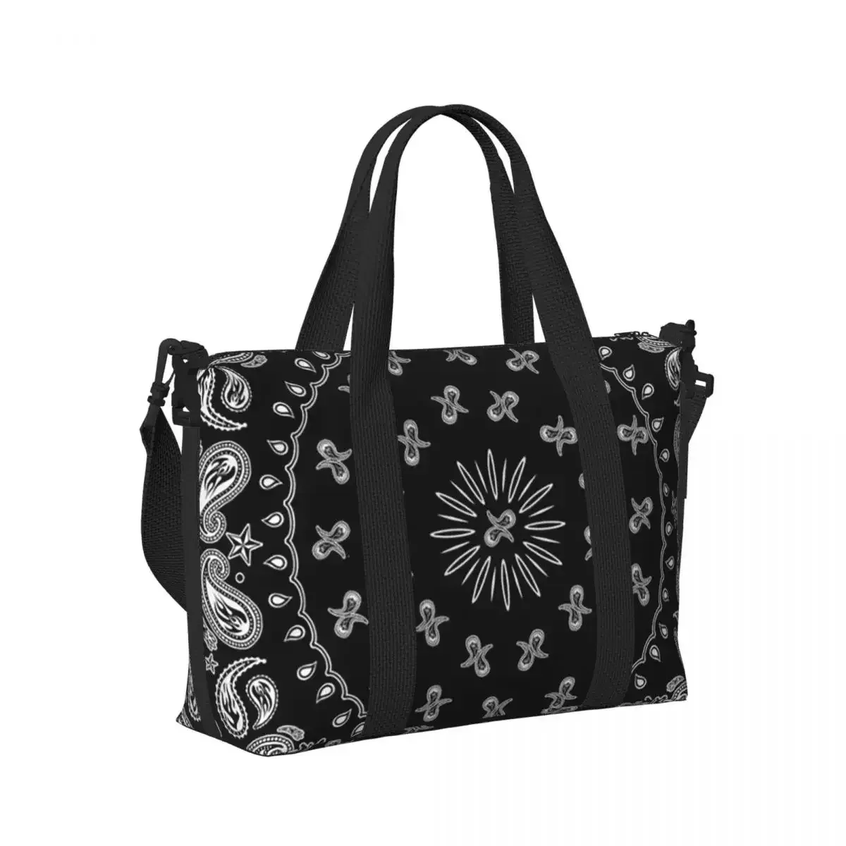 Sac de voyage de plage à motif Paisley coloré noir, grande capacité, sacs fourre-tout pour la gym, le sport, les femmes, le shopping, sac à bandoulière
