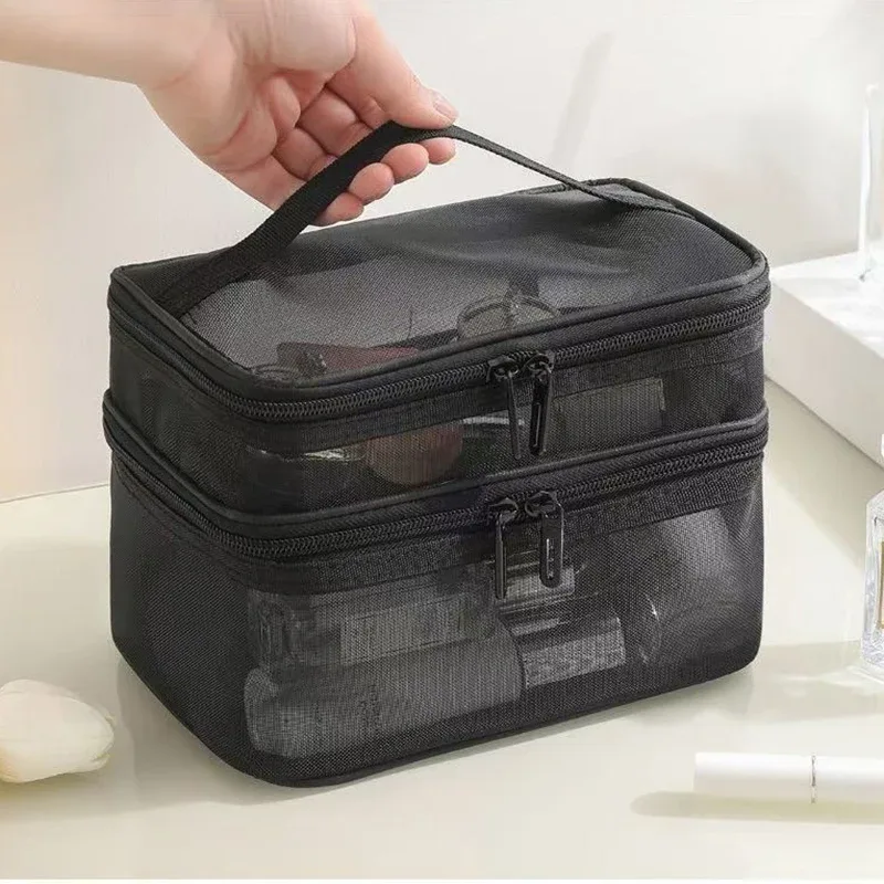 pochette cosmétique portable en maille, grande capacité, organiseur de toilette, sac de rangement multifonctionnel pour maquillage de voyage