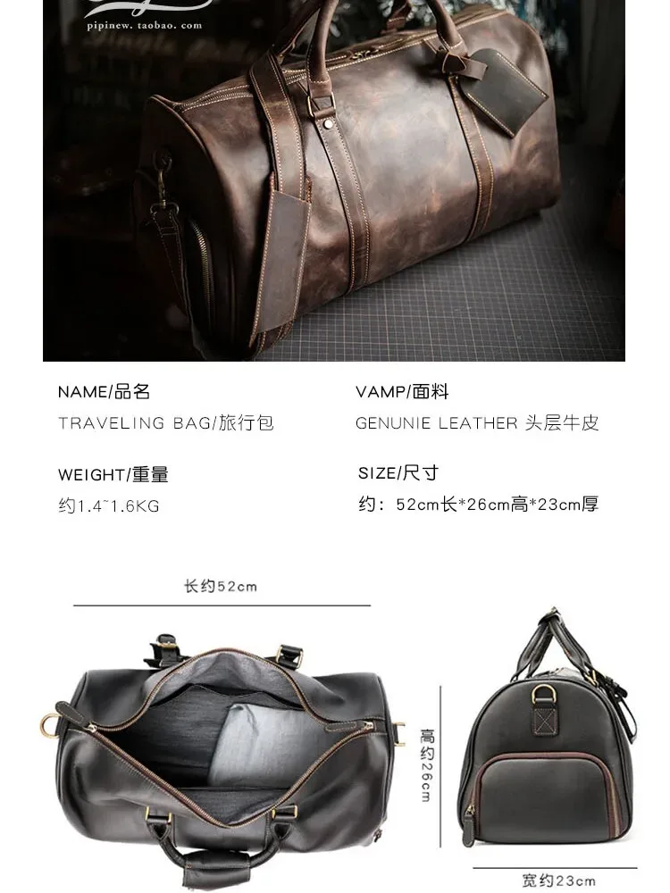 sac de voyage pour hommes en cuir de vache crazy horse, fait à la main, sac de sport pour le week-end, sac à main de grande capacité en cuir véritable