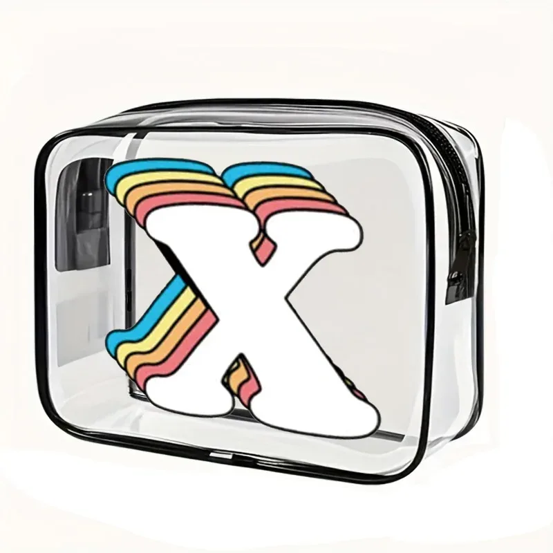 organisateur voyage cosmétiques pvc translucide poignée noire motif arcs-en-ciel lettre grande capacité format tonneau sac compression