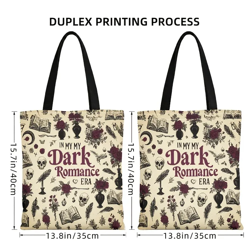 Sac fourre-tout gothique romantique, motif vintage de crâne, roses rouges et plumes, sac à main réutilisable en toile pour les amoureux des livres