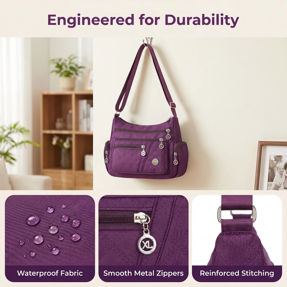 sac à bandoulière matelassé en nylon pomelo best pour femme, multi-poches avec sangle réglable pour les déplacements quotidiens