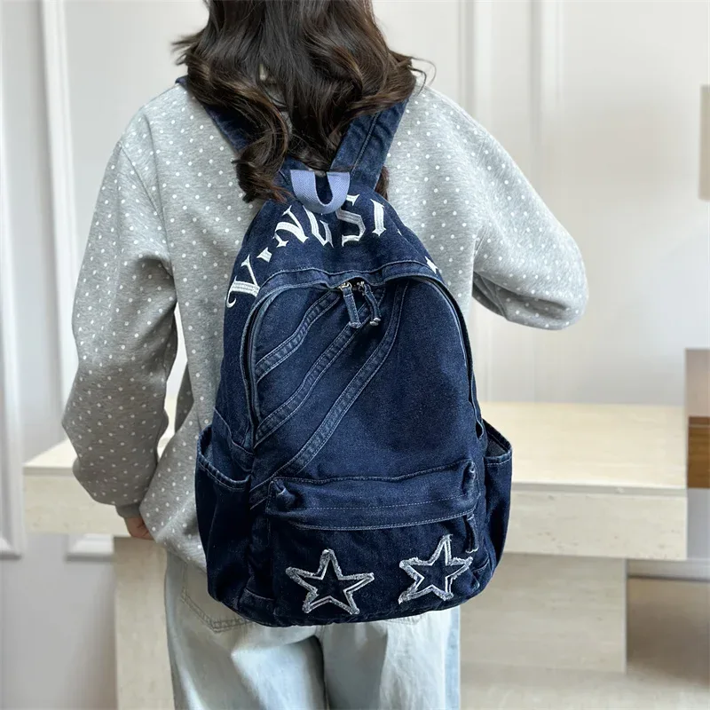 sac à dos en jean vintage pour femme, grande capacité, sac à bandoulière en jean, sac à dos quotidien pour l'école et l'ordinateur portable, design simple