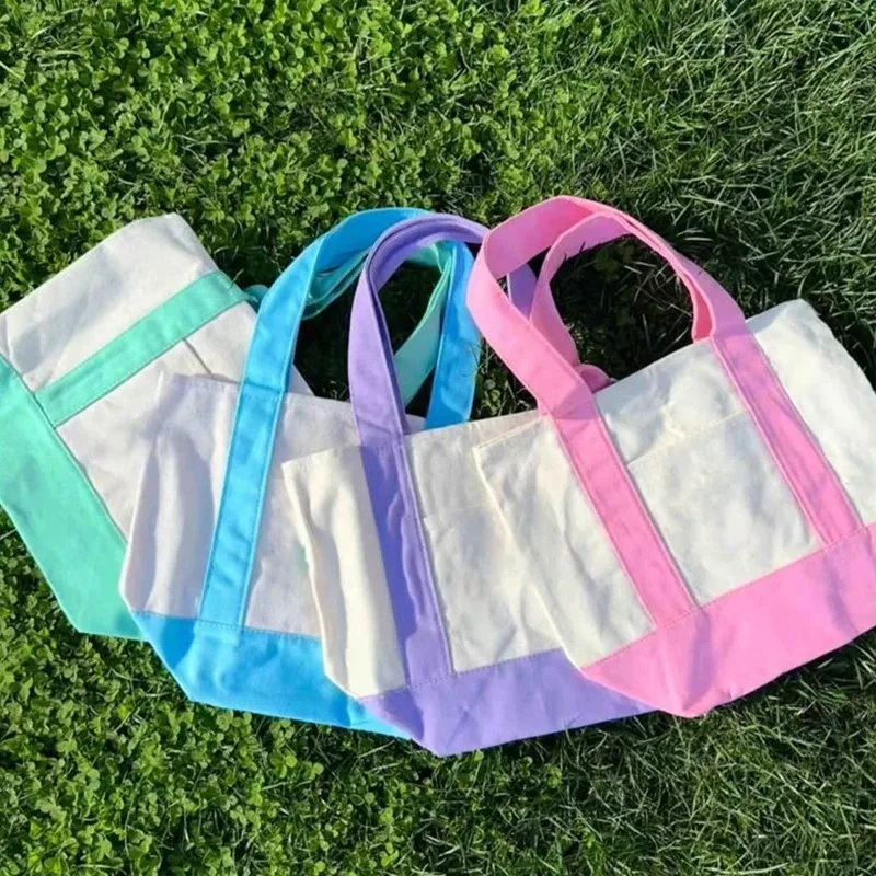 sac de shopping en toile tendance avec coutures colorées, sac à main pour trajets quotidiens, sac à bandoulière simple, doux et confortable, sac de rangement écologique pour le déjeuner