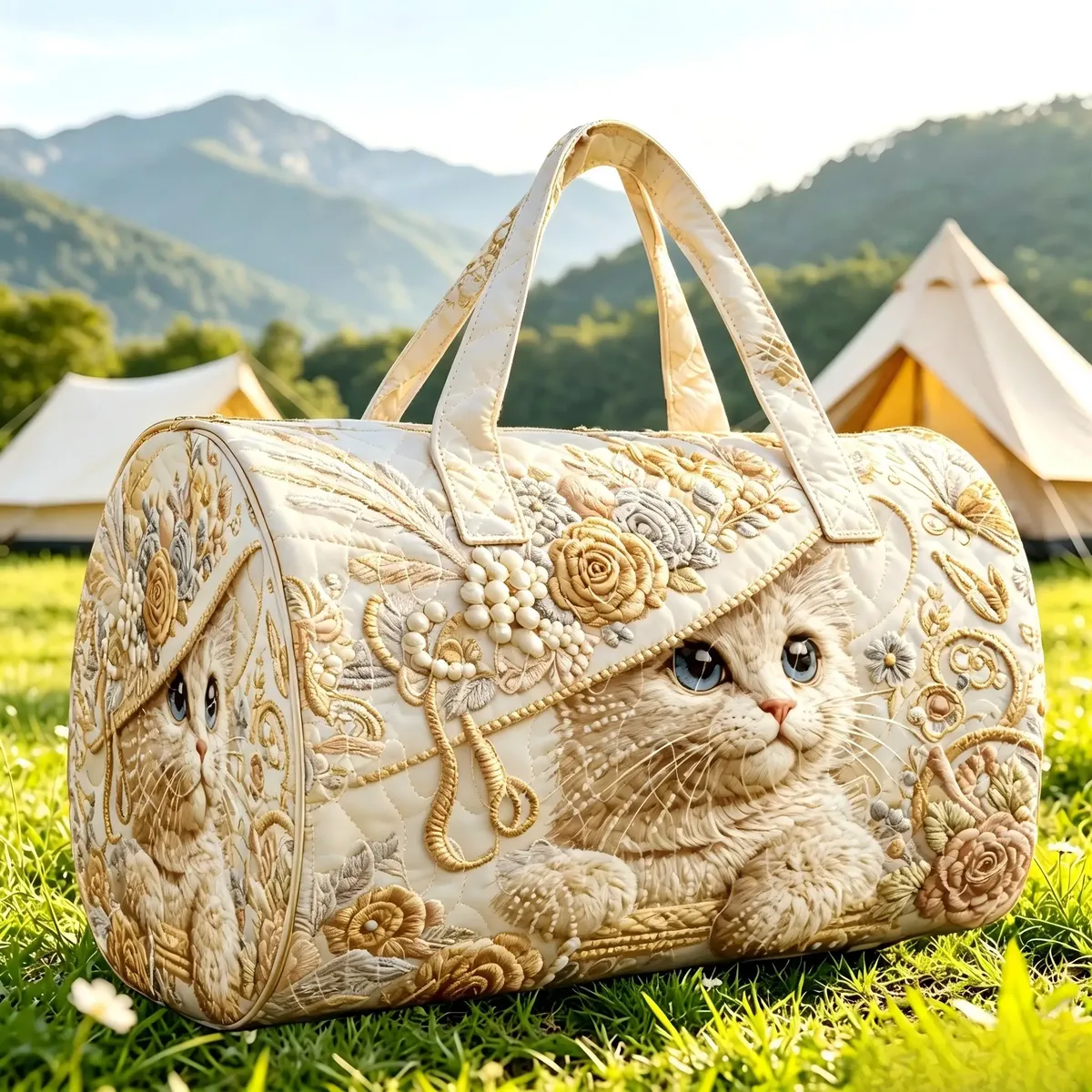 sac de voyage matelassé vintage imprimé chat, grande capacité, sac de week-end pour femme, sac à main vintage à motif floral et chat pour le camping et les voyages d'une nuit