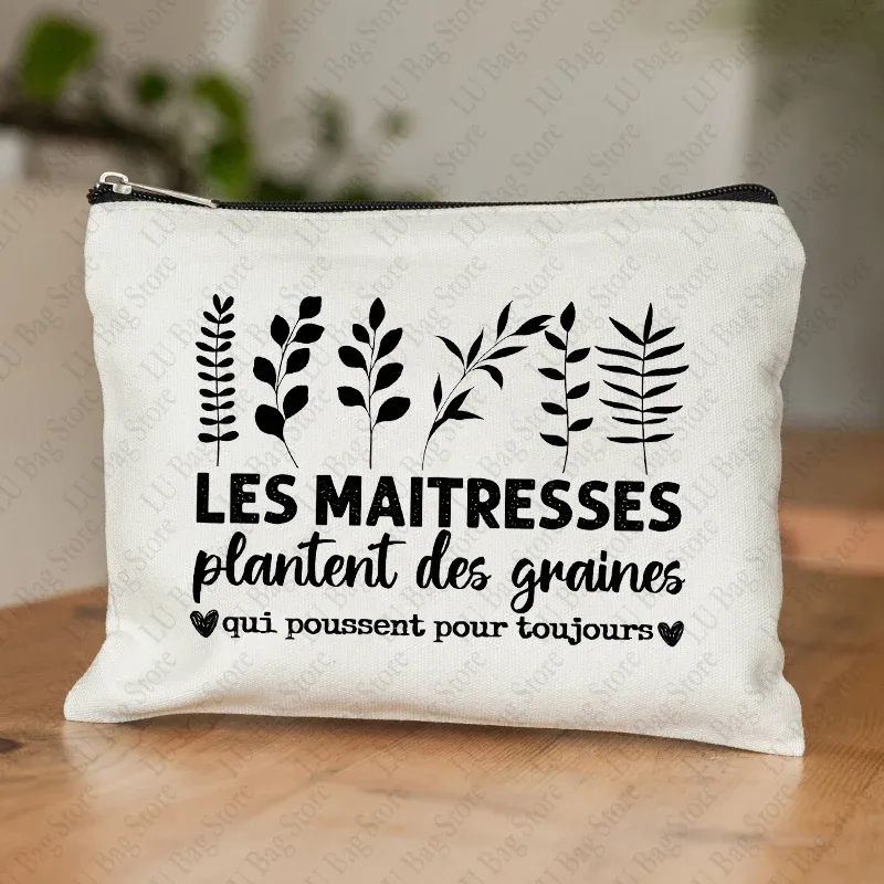 trousse de maquillage pour femmes, thème enseignant, étui à cosmétiques inspiré de maitresse avec motif éducatif de conception de style français, portefeuille pour le travail ou l'école