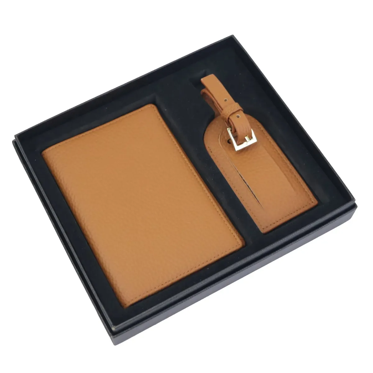 coffret cadeau en cuir de vache avec lettres initiales monogrammées, porte-passeport, étiquette de bagage, couverture de passeport, accessoires de voyage