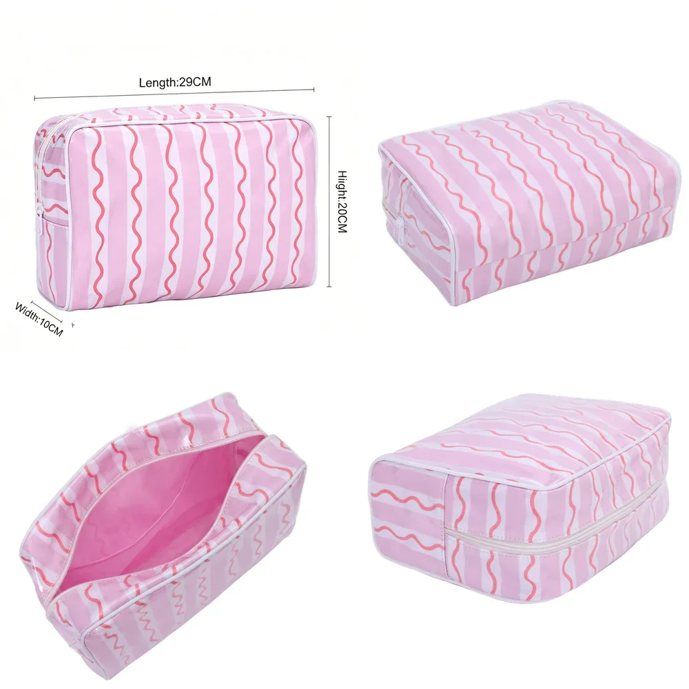 nouvelle trousse de maquillage rayée rose à fermeture éclair pour femme, grande pochette de toilette à motifs pour plage et voyage, sac de rangement transparent