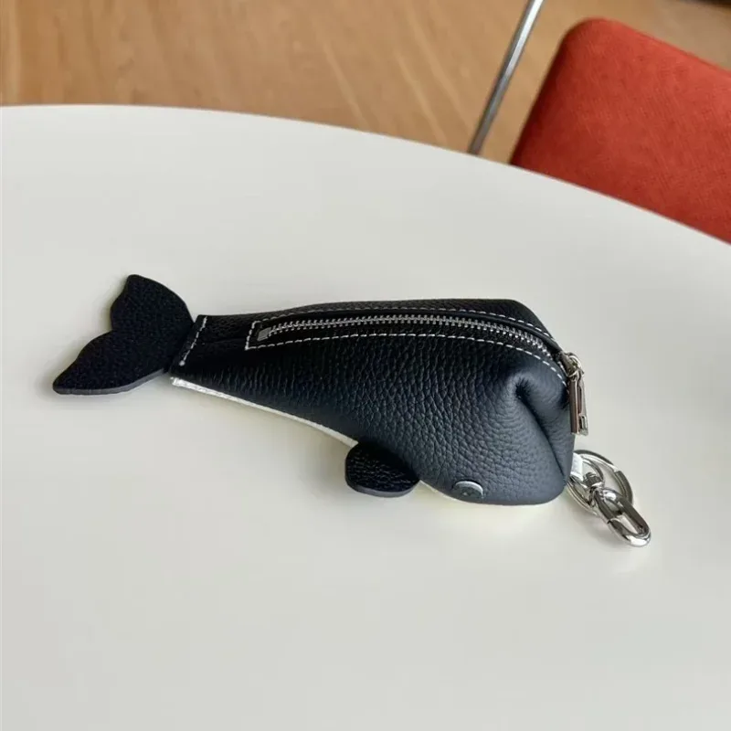 porte-clés en cuir à fermeture éclair, organisateur de pièces de monnaie violettes en cuir de vache, porte-monnaie en forme de baleine pour hommes et femmes