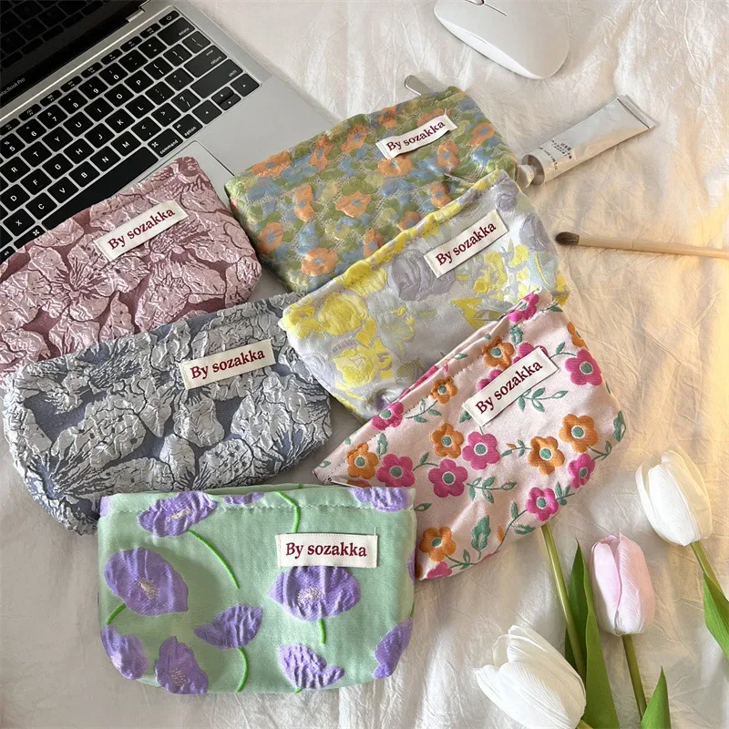 sac de rangement de cosmétiques de voyage à fleurs, mode coréenne, portefeuille kawaii pour femmes, kits de maquillage, sacs à main, trousse à crayons pour téléphone, pochette de rangement