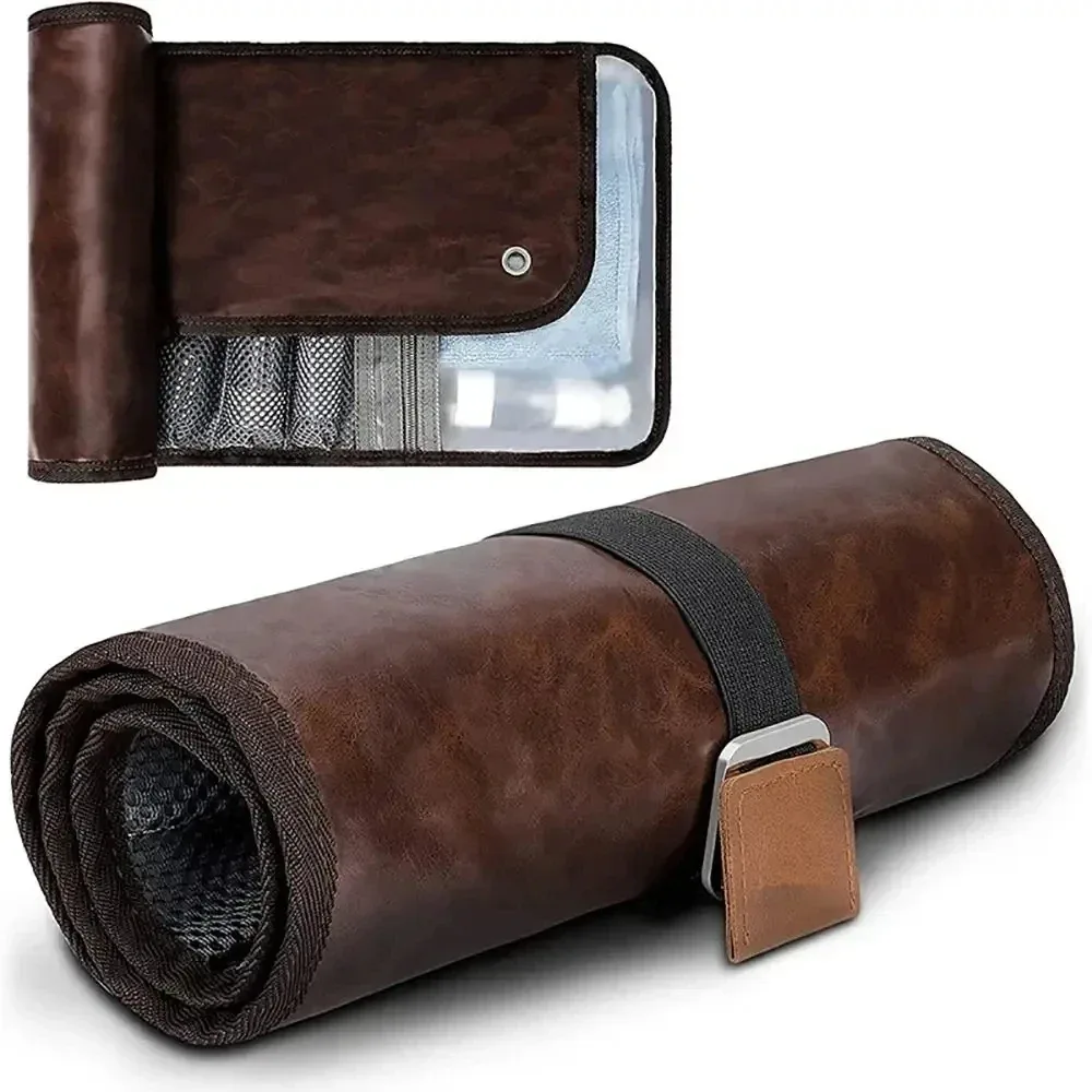 trousse de toilette suspendue pour homme en cuir pu résistant à l'eau, trousse d'hygiène personnelle universelle, trousse de toilette enroulable, essentiels de voyage