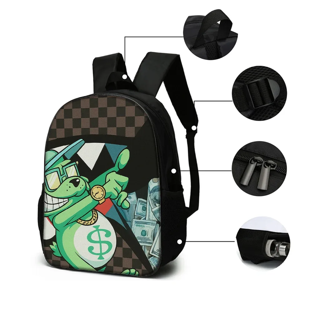 sac dos polyester carreaux noirs blancs accents verts argentés personnage souriant sac main usage quotidien