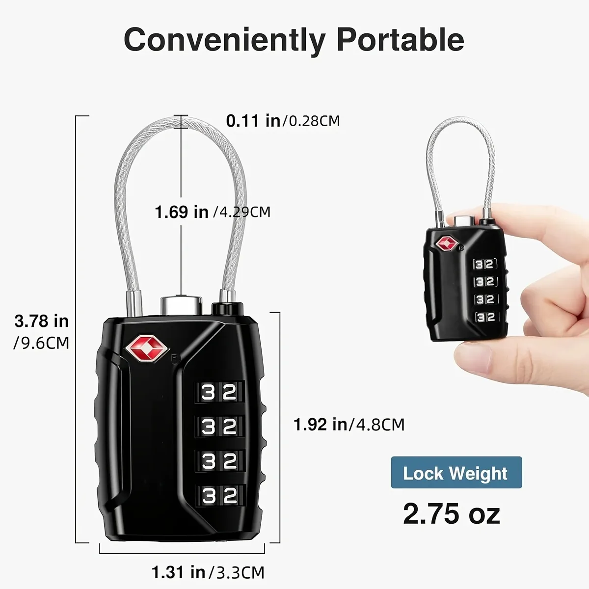 cadenas à 4 chiffres compatible tsa avec câble en acier flexible, serrure à combinaison réinitialisable pour valise, sac à dos, sac de voyage