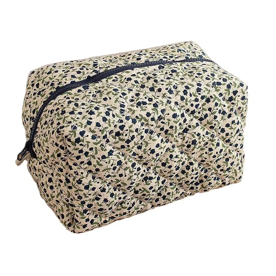 pochette polyester fleur motif floral beige zip bleu foncé organiseur cosmétiques voyage grande taille