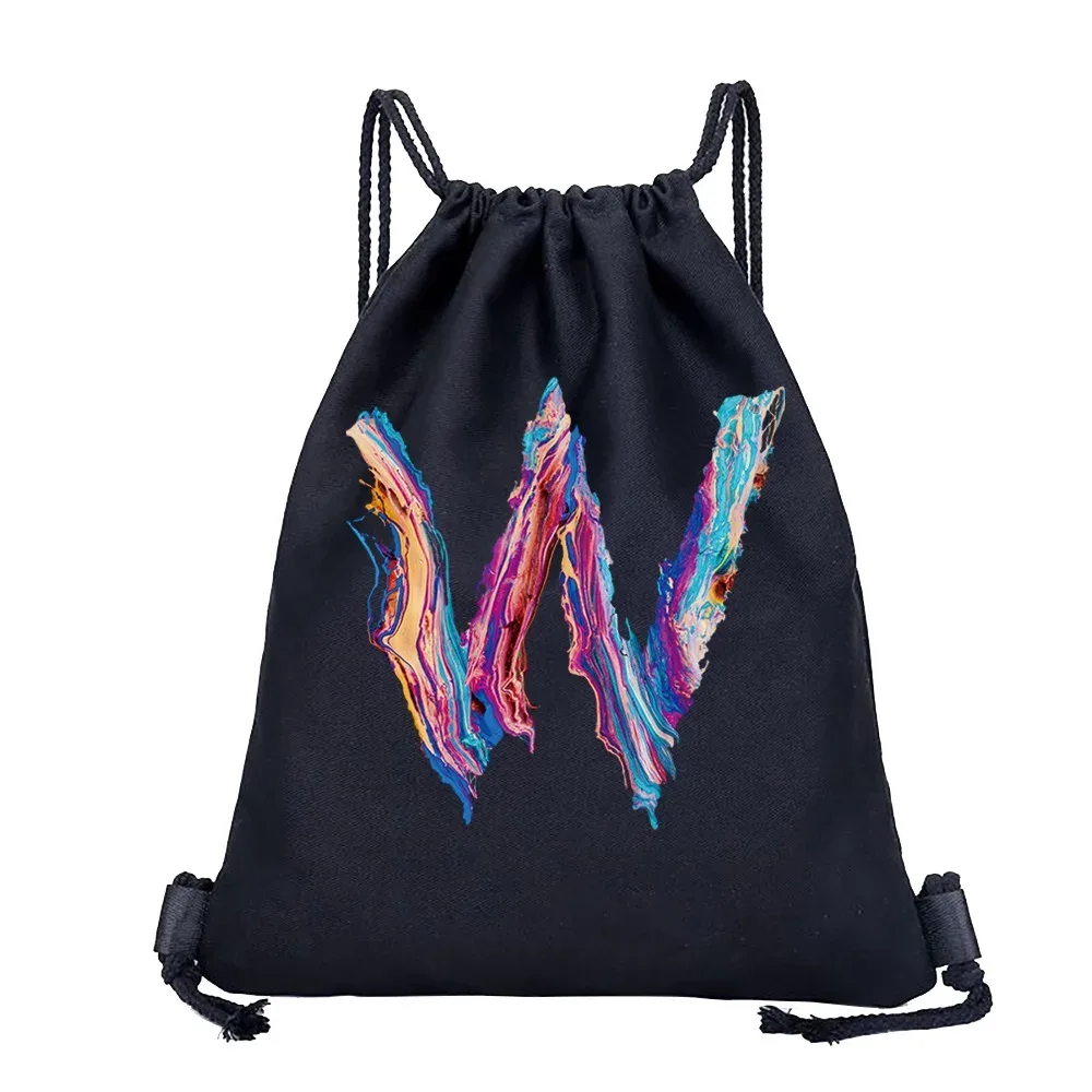 sac dos lin noir motif multicolore compact pliable cordon serrage poignées souple grande capacité sports plein air harajuku polyvalent
