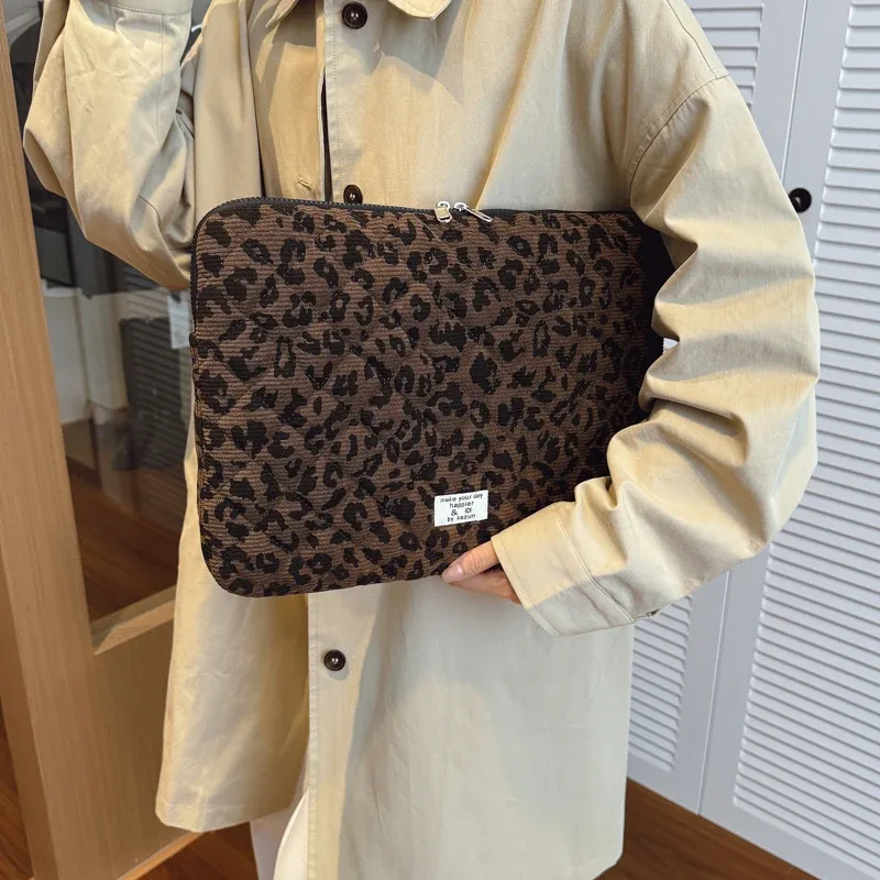 sac de rangement pour ordinateur portable en velours côtelé, décoration décontractée à imprimé léopard, 11/13/15 pouces, adapté aux déplacements quotidiens