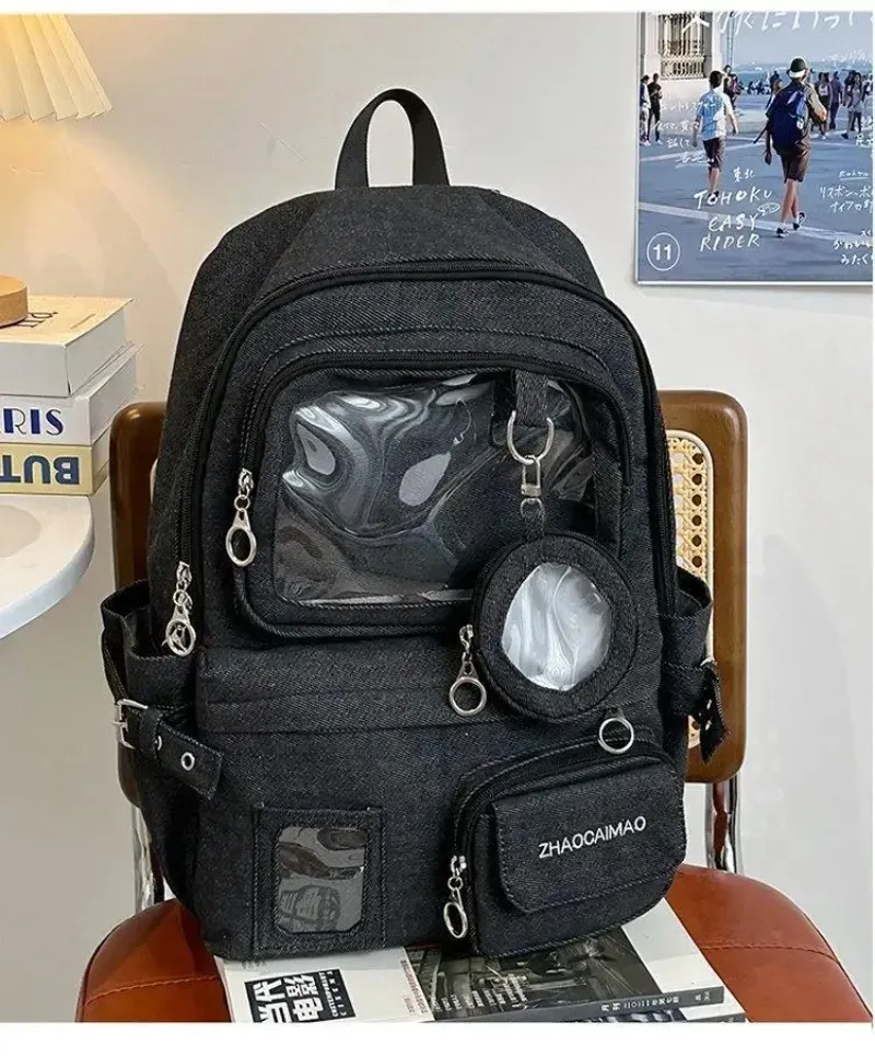 sac dos jean polyester noir bleu beige forme rectangulaire poches latérales transparentes visibilité intérieure informatique ceinture air décontracté usage quotidien