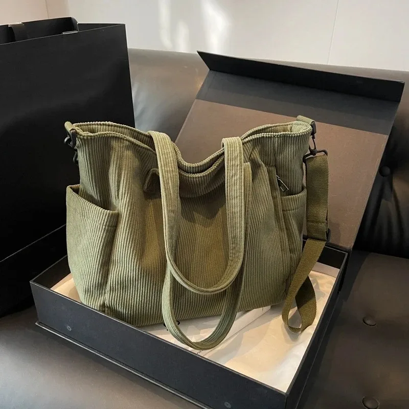 sac à main en velours côtelé pour femmes, fourre-tout décontracté, multi-poches, sangle réglable, sac à bandoulière, fermeture éclair initiée, automne, hiver